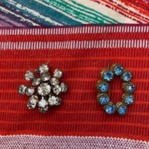 Vintage Rhinestone pins, snowflake, shape and blue circular pins, sold together.